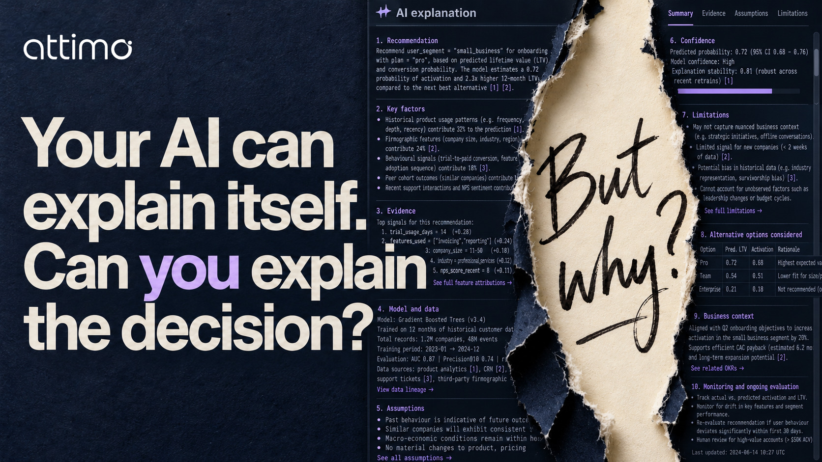 Headline 'Your AI can explain itself. Can you explain the decision?' beside an AI explanation panel torn open to reveal the handwritten words 'But why?'